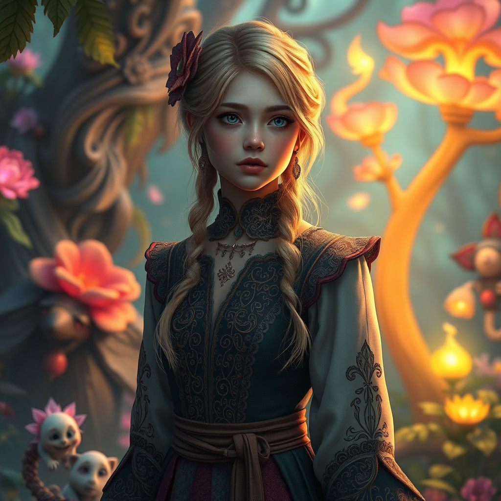 Magical Blonde Girl in Fantasy Landscape, Matte Painting