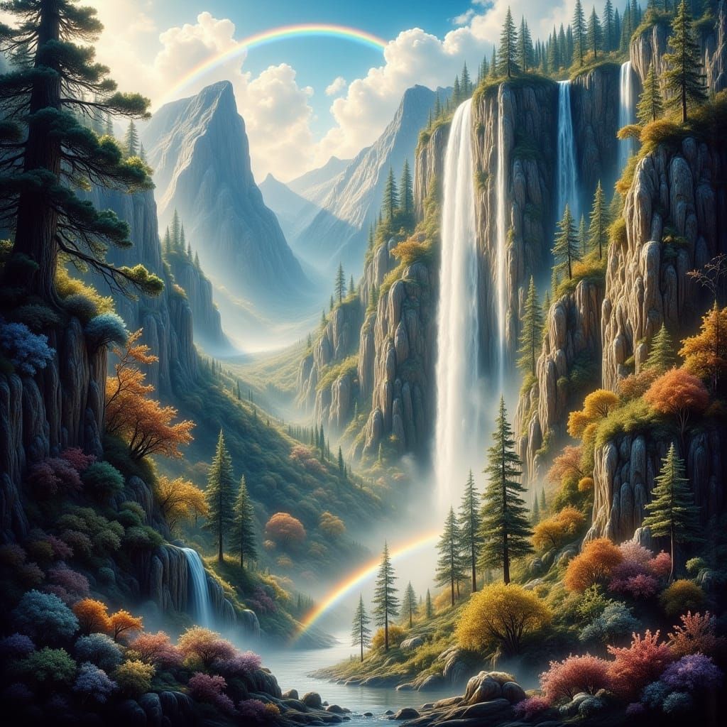 Majestic Waterfall Landscape with Rainbow, Romantic Style