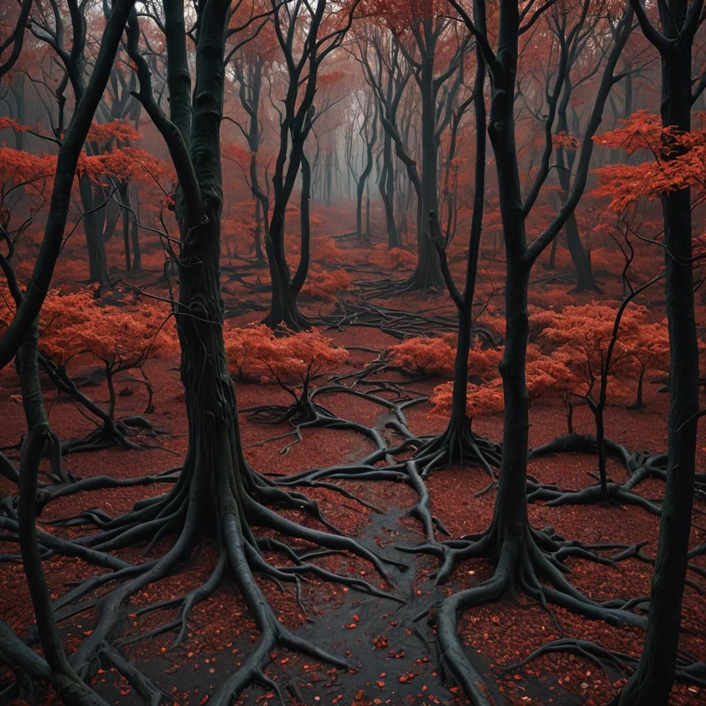 Eerie Bloodwood Labyrinth: Hyperrealistic Digital Art