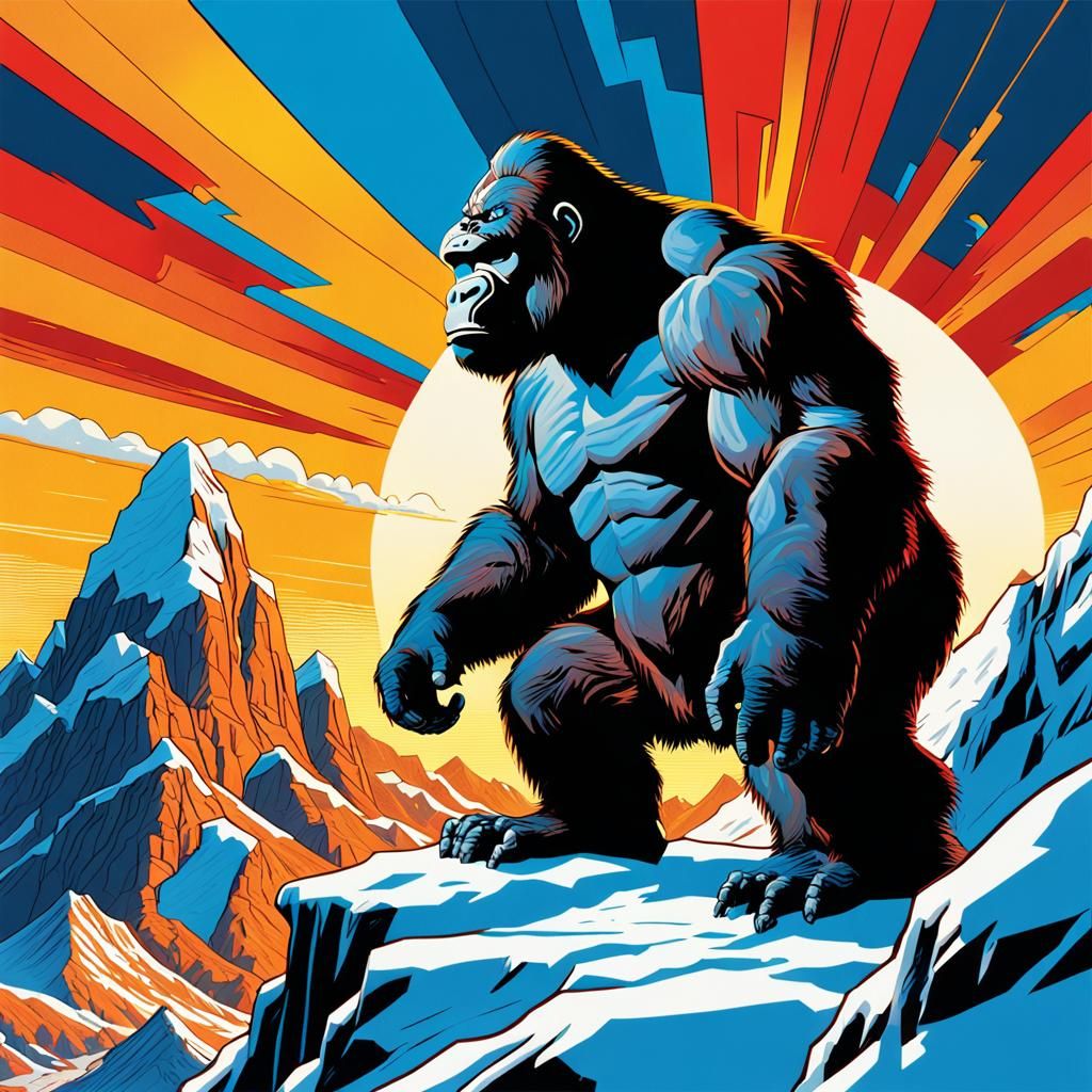 King Kong Ponders on Snowy Mountain in Pop Art
