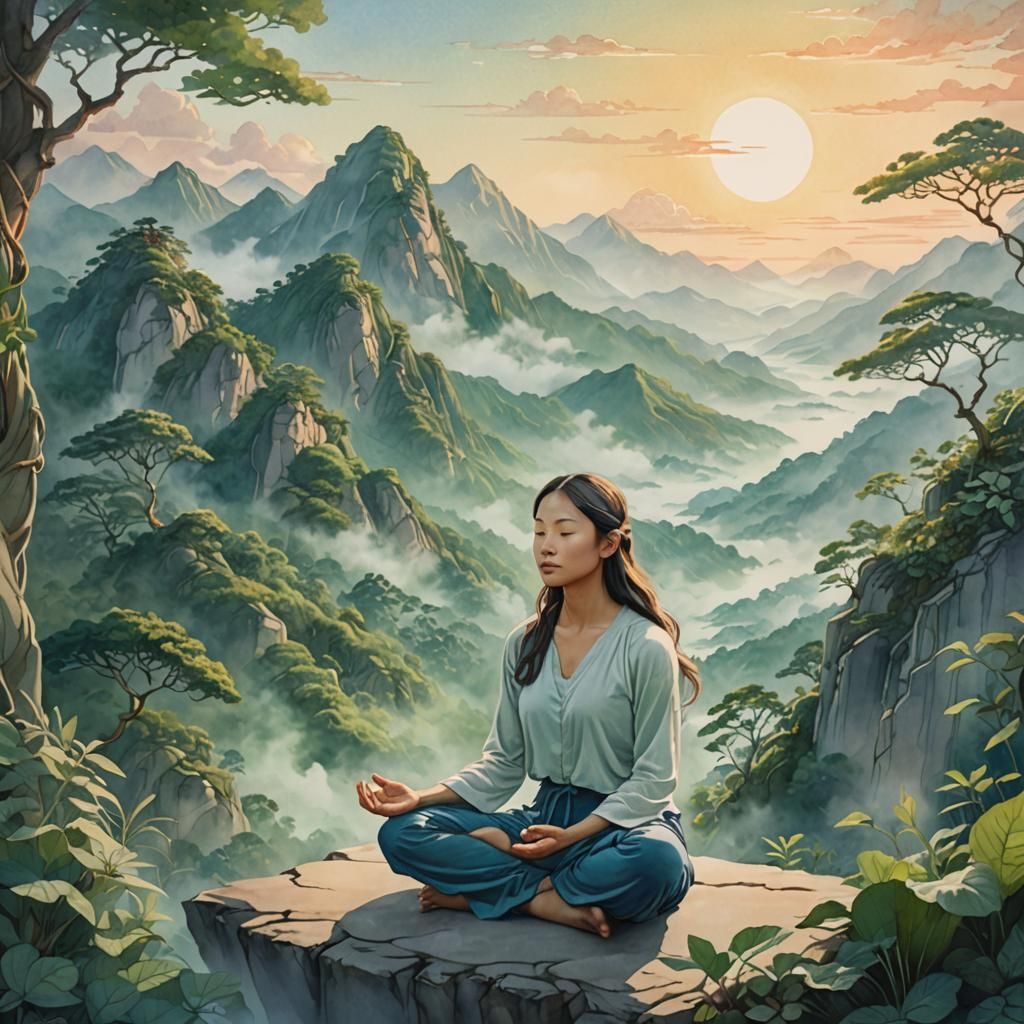 Zen Yoga at Sunrise: Ethereal Watercolor Illustration