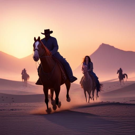 Cowboy and Cowgirl Ride into Desert Sunset