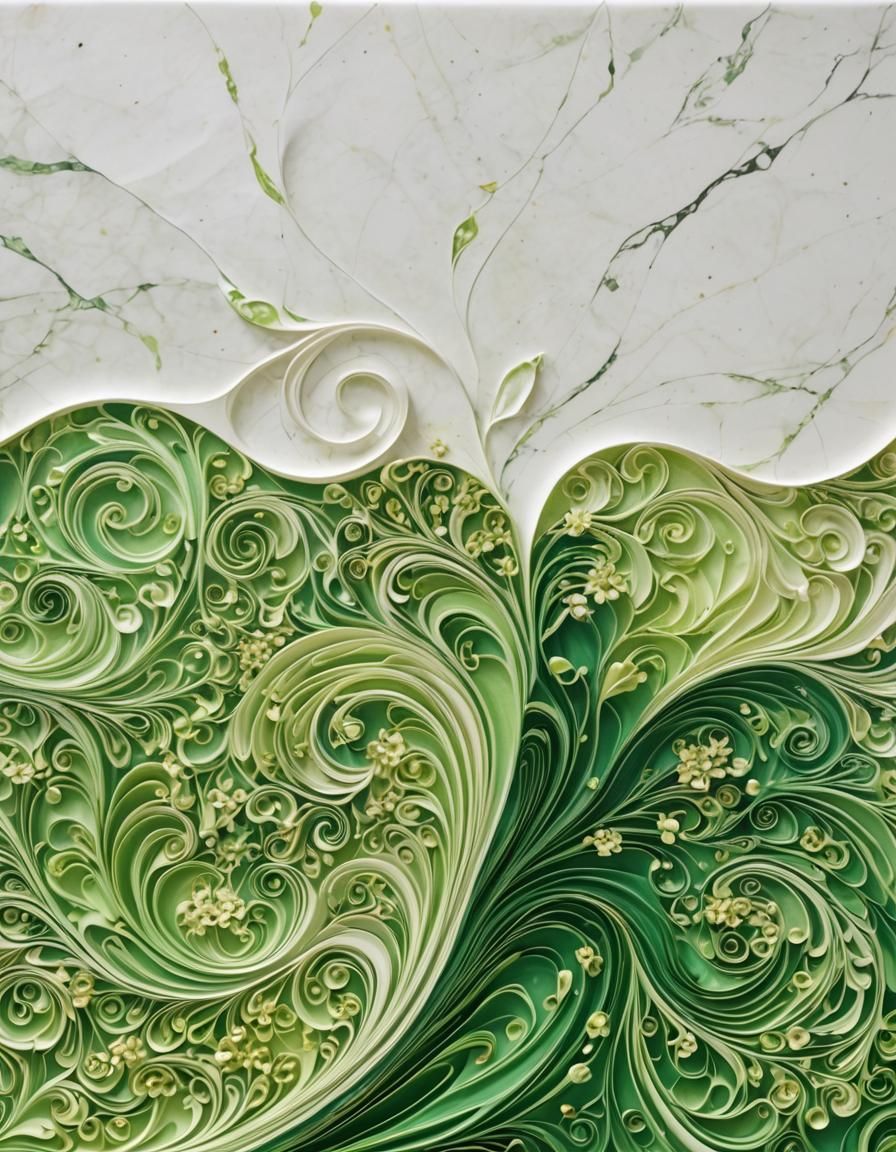 Abstract Green Flower on Marbled Paper