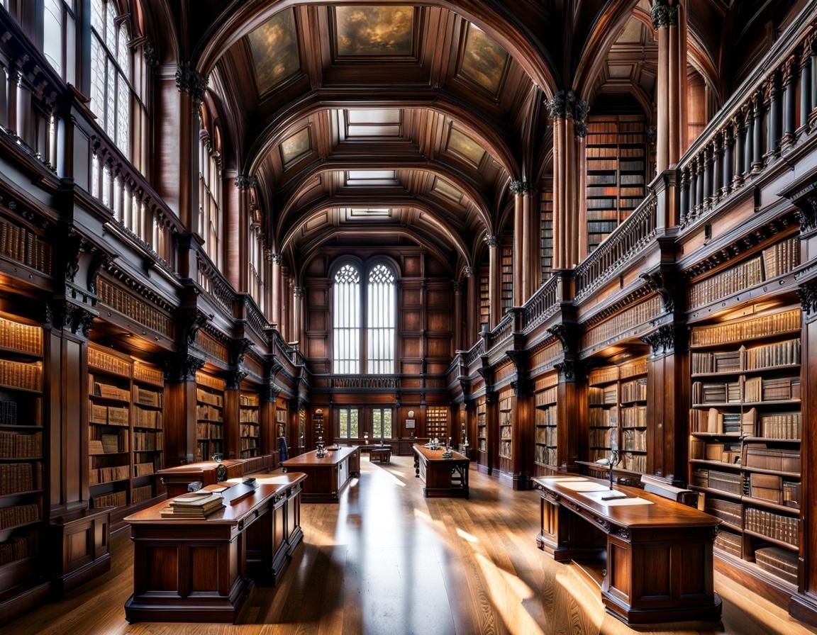 Oxford-Style Library with Reading Desks and Polished Wood