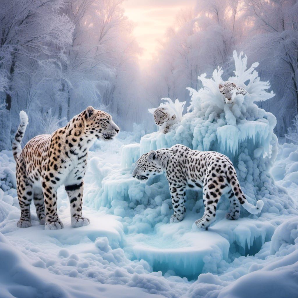 Crystallized Leopards Frolicking in Snowy Landscape