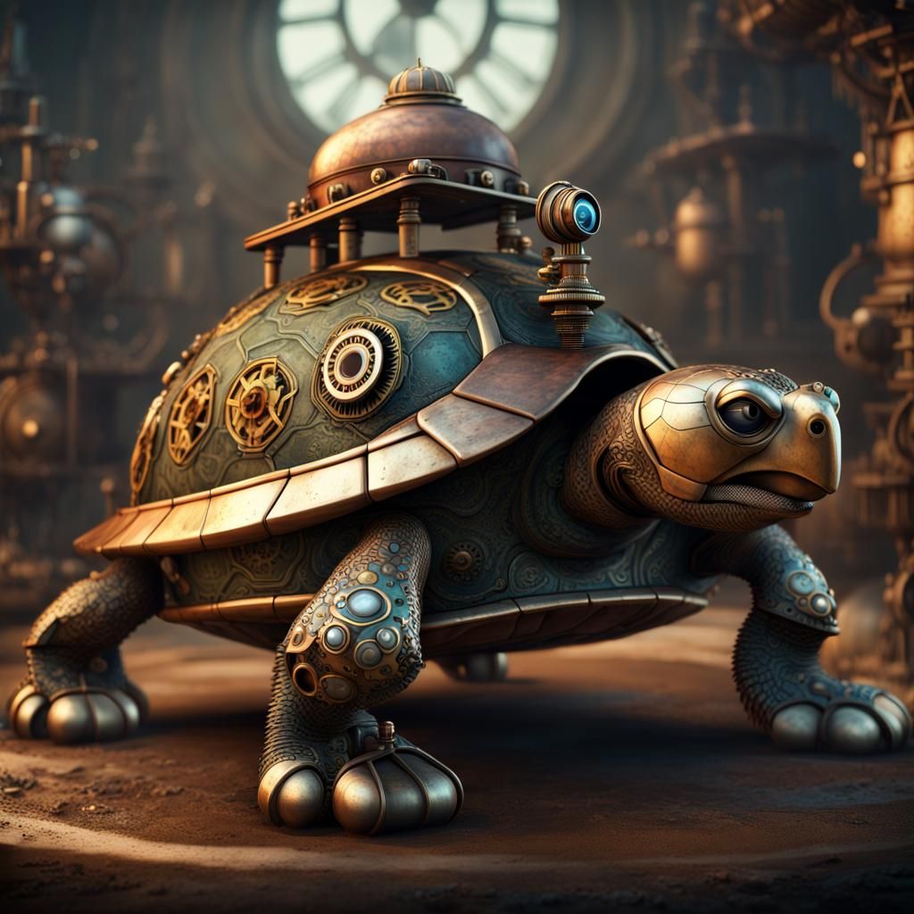 Steampunk Turtle with Gears and Steam Engine