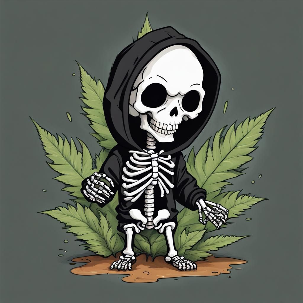 Cute Chibi Skeleton with Leaf, Digital Art