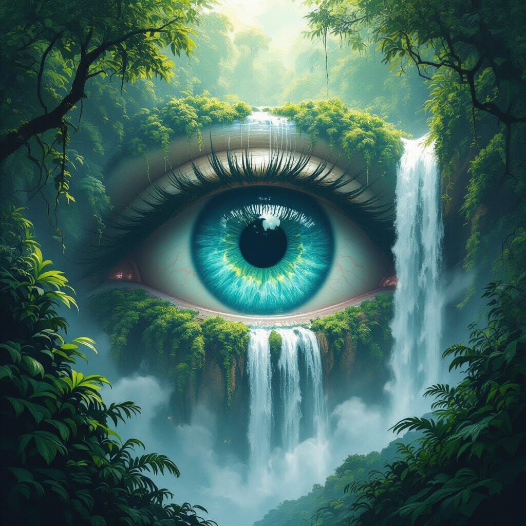 Gigantic Eye in Rainforest Waterfall, Detailed Digital Art