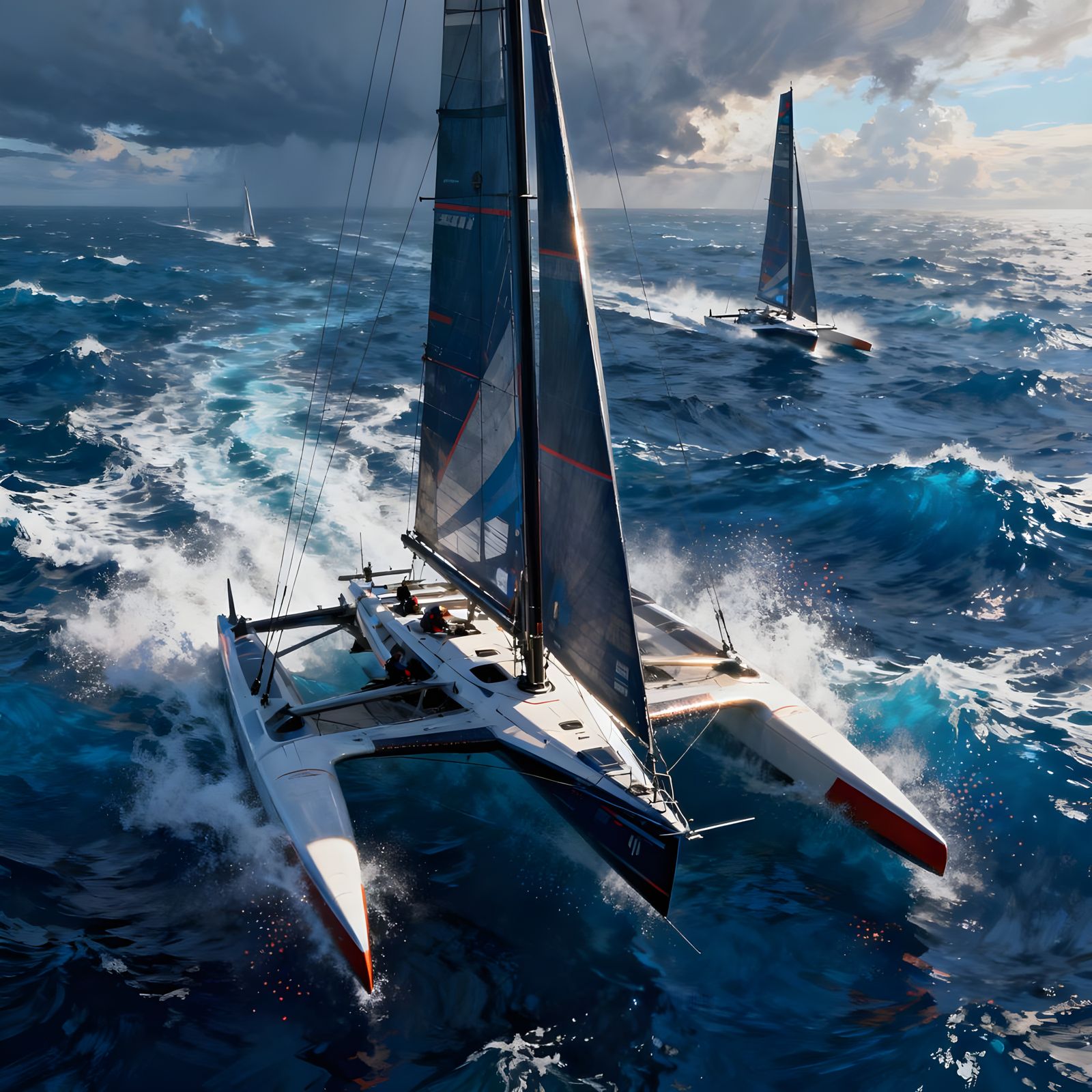Trimaran Race: Dynamic Ocean View in Hyperrealistic Style