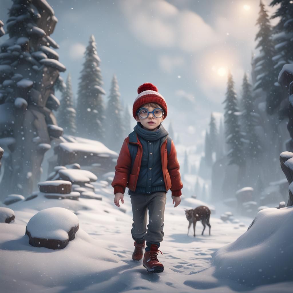 Boy Walking in Snow: Detailed Matte Painting