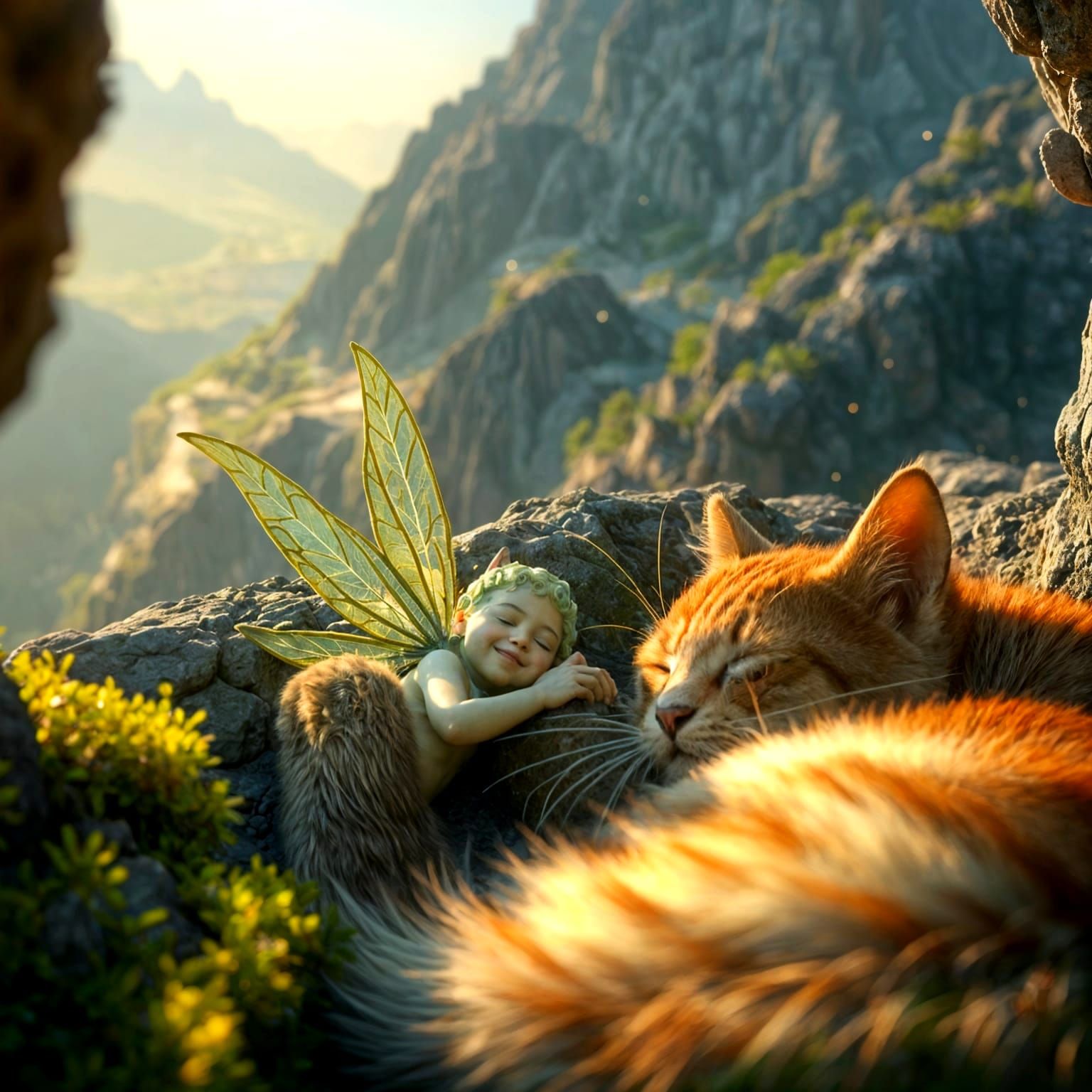 Adorable Fairy and Feline Friends in Dreamy Landscape