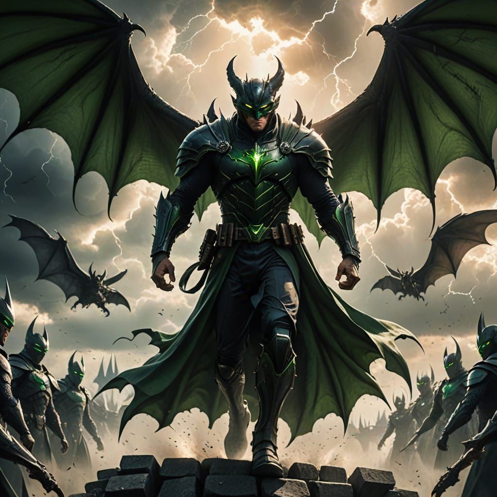 Heroic Warrior with Wings Descends Amidst Ghostly Fleet