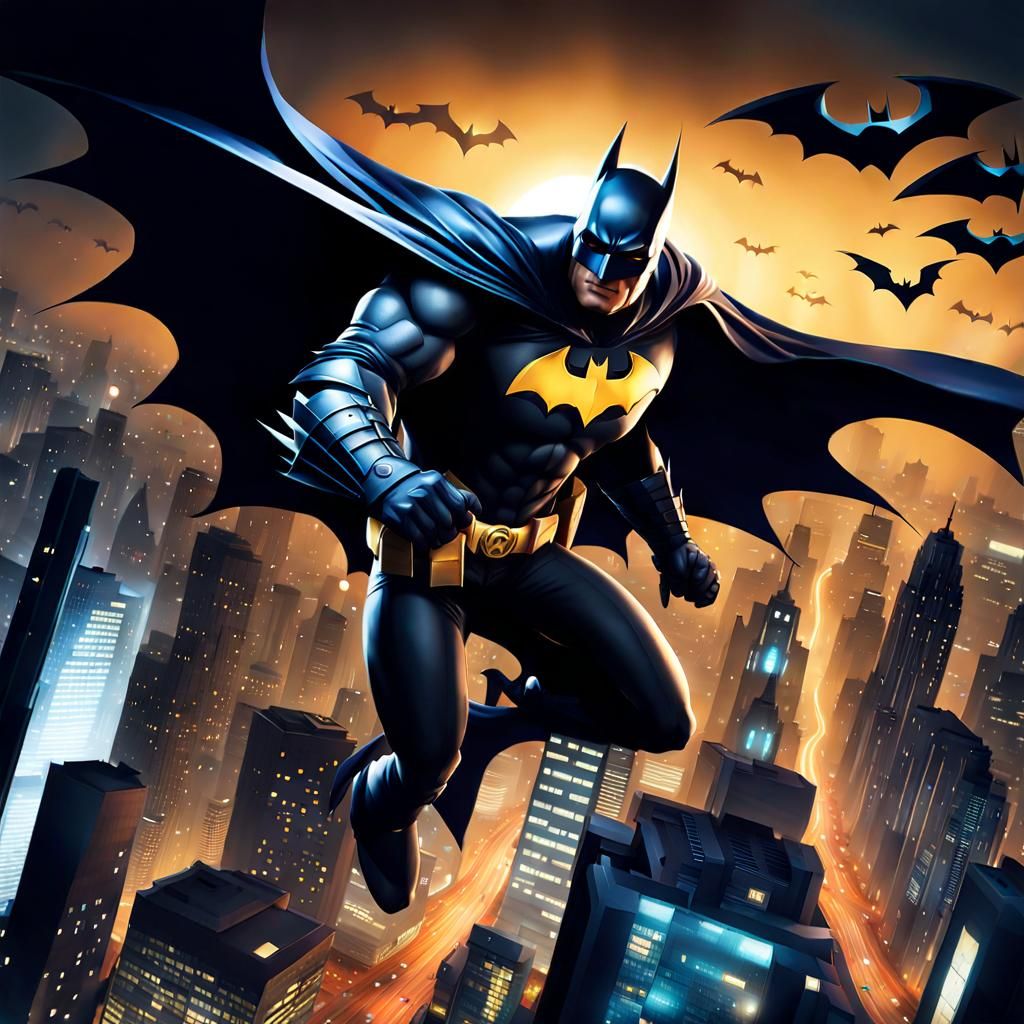 Cyberpunk Batman Flying Over City at Night