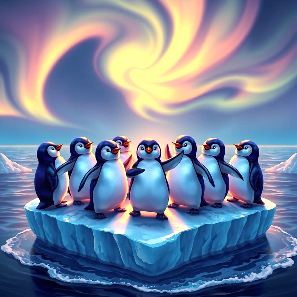 Penguins Dancing on a Heart-Shaped Beach at Sunset in a Fant...