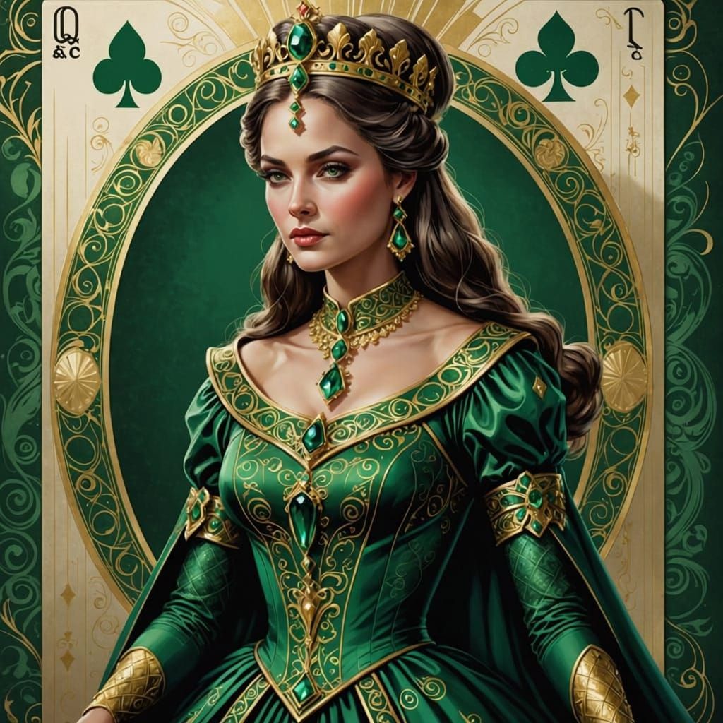 Queen of Clubs Emerges from Card in Fantasy Realism