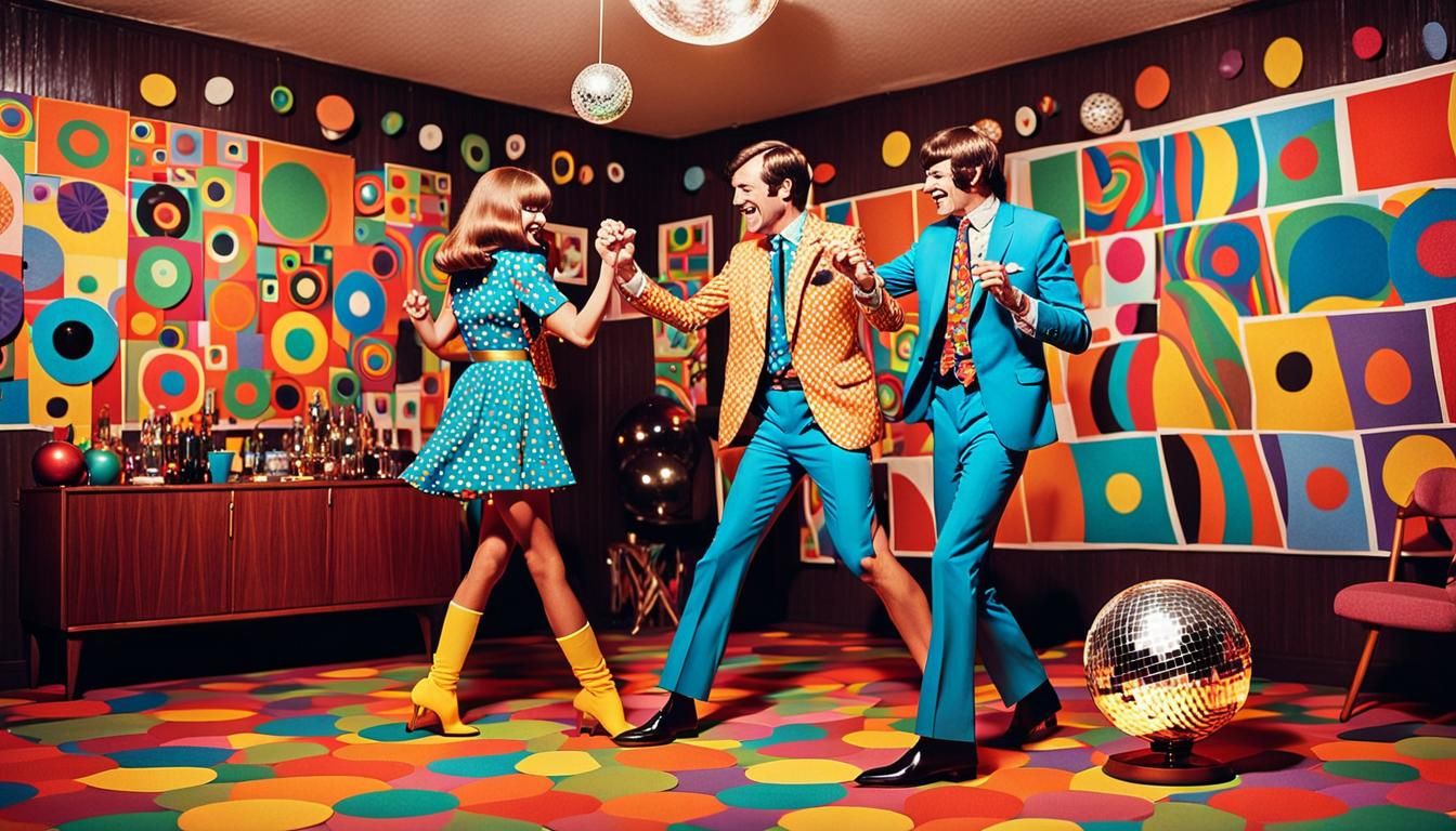 Vibrant 1960s House Party in Detailed Ink Drawing