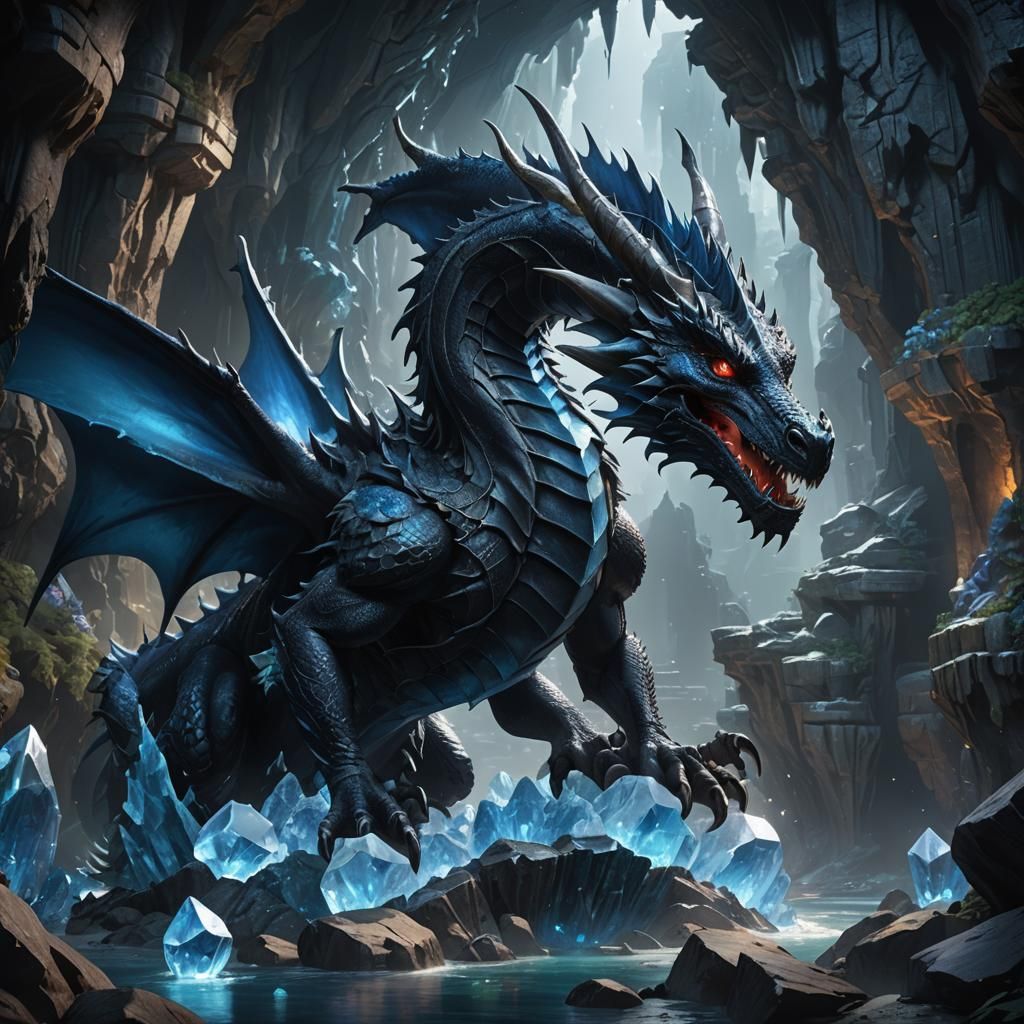 Black and Blue Dragon in Crystal Cavern