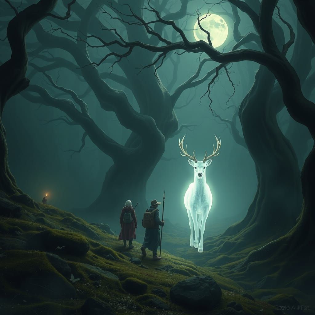 Moonlight Deer Guides Travelers Through Enchanted Forest