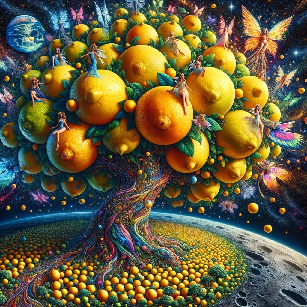 Lemon Tree on Moon with Fairies and Earth View