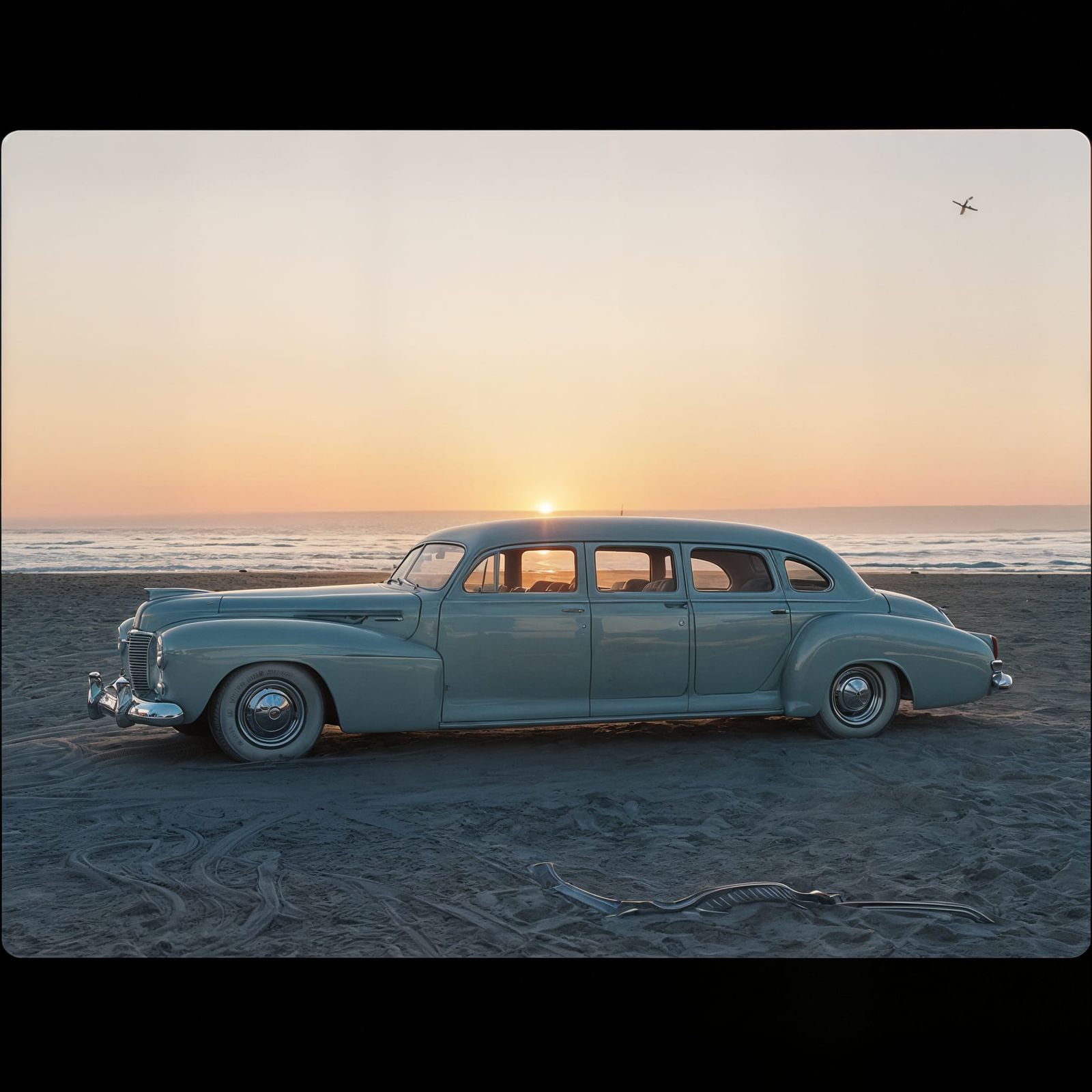 1940s Glass Limousine Sculpture on California Beach at Sunse...