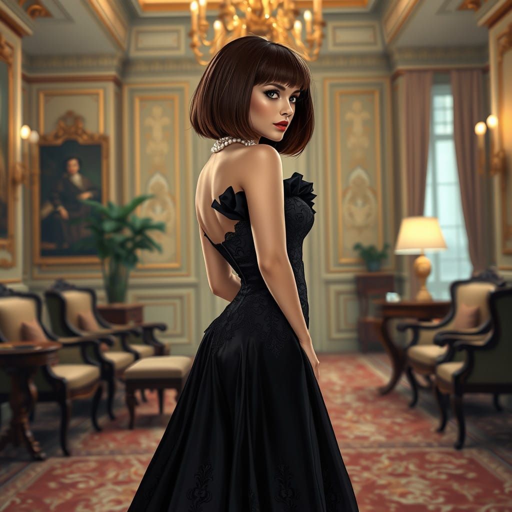 Elegant Woman in Classic Pulp Art Style Black Gown
