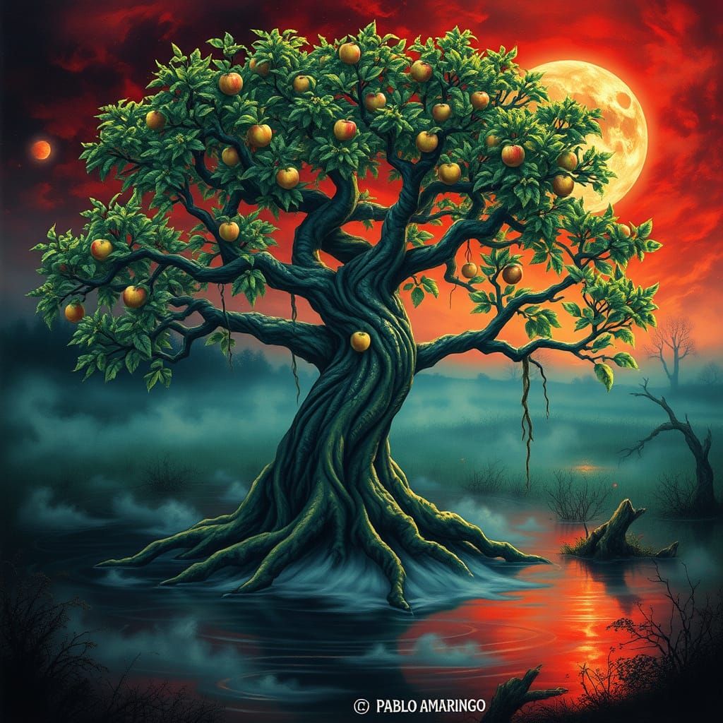 Surreal Cosmic Tree Thrives in Dark, Mysterious Swamp