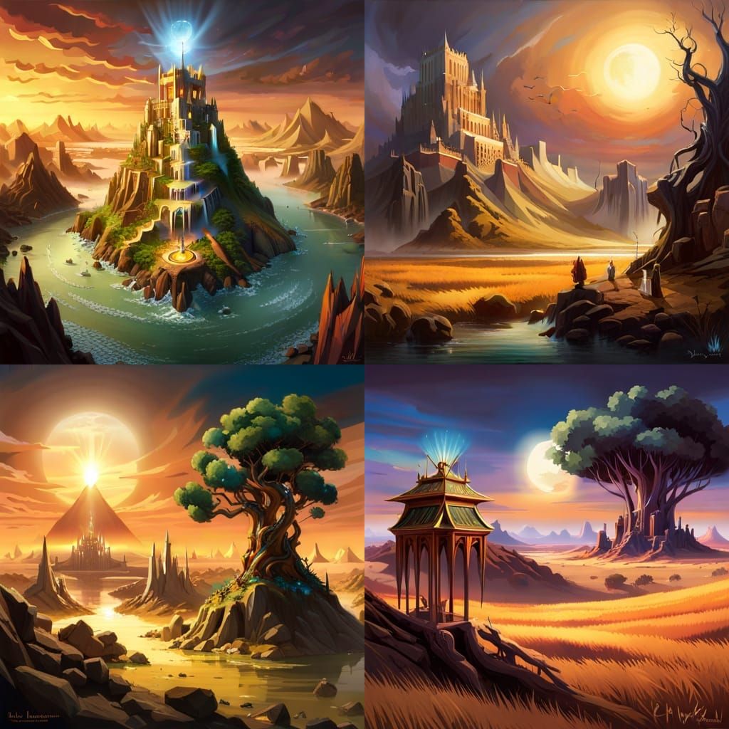 Ancient Egypt Fantasy Landscape with Golden World Tree