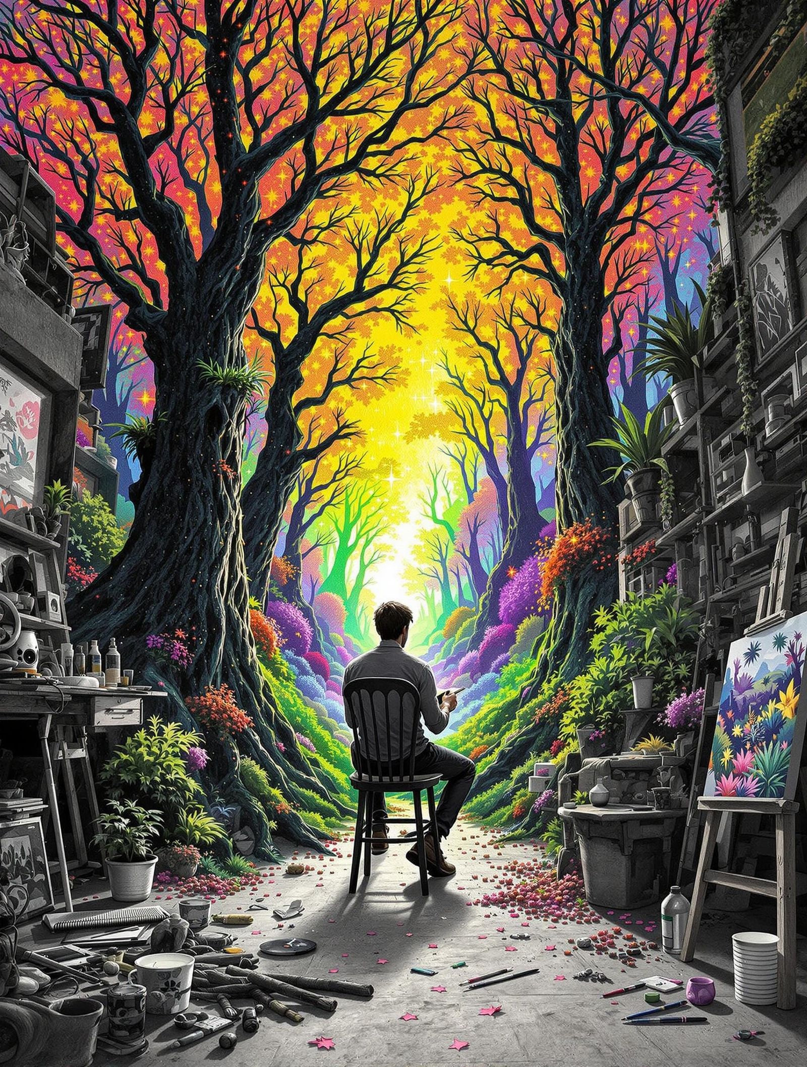 Surrealist Studio Scene Unfolds in Vibrant, Digital Color