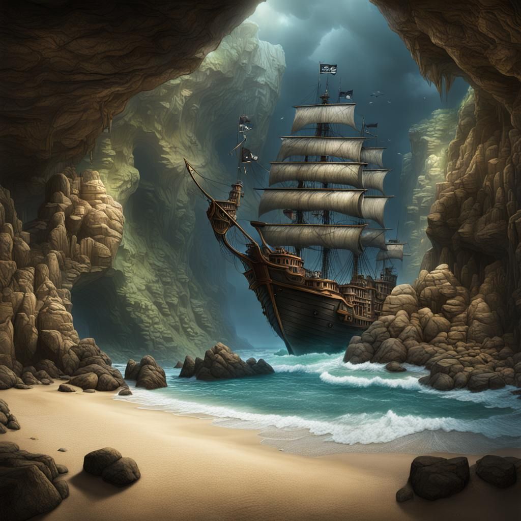 Pirate Ship at Beach Cave in Matte Painting Style