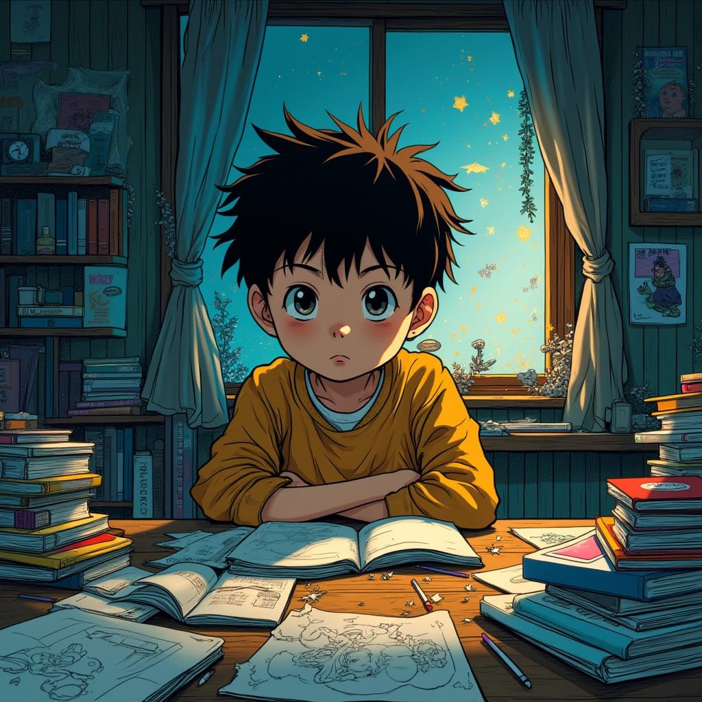 Manga-Inspired Boy's Bedroom Scene with Comic Books and Penc...