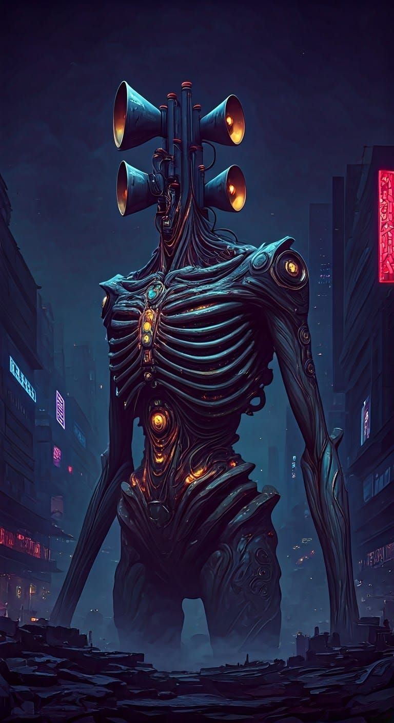 Siren Head Demon in Dystopian Anime Cityscape