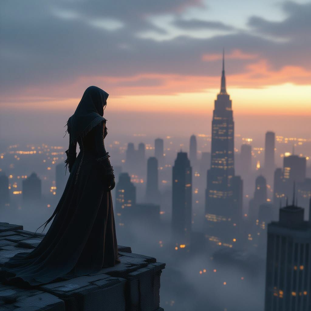 Elegant Figure on Skyscraper Overlooking Post-Apocalyptic Ci...