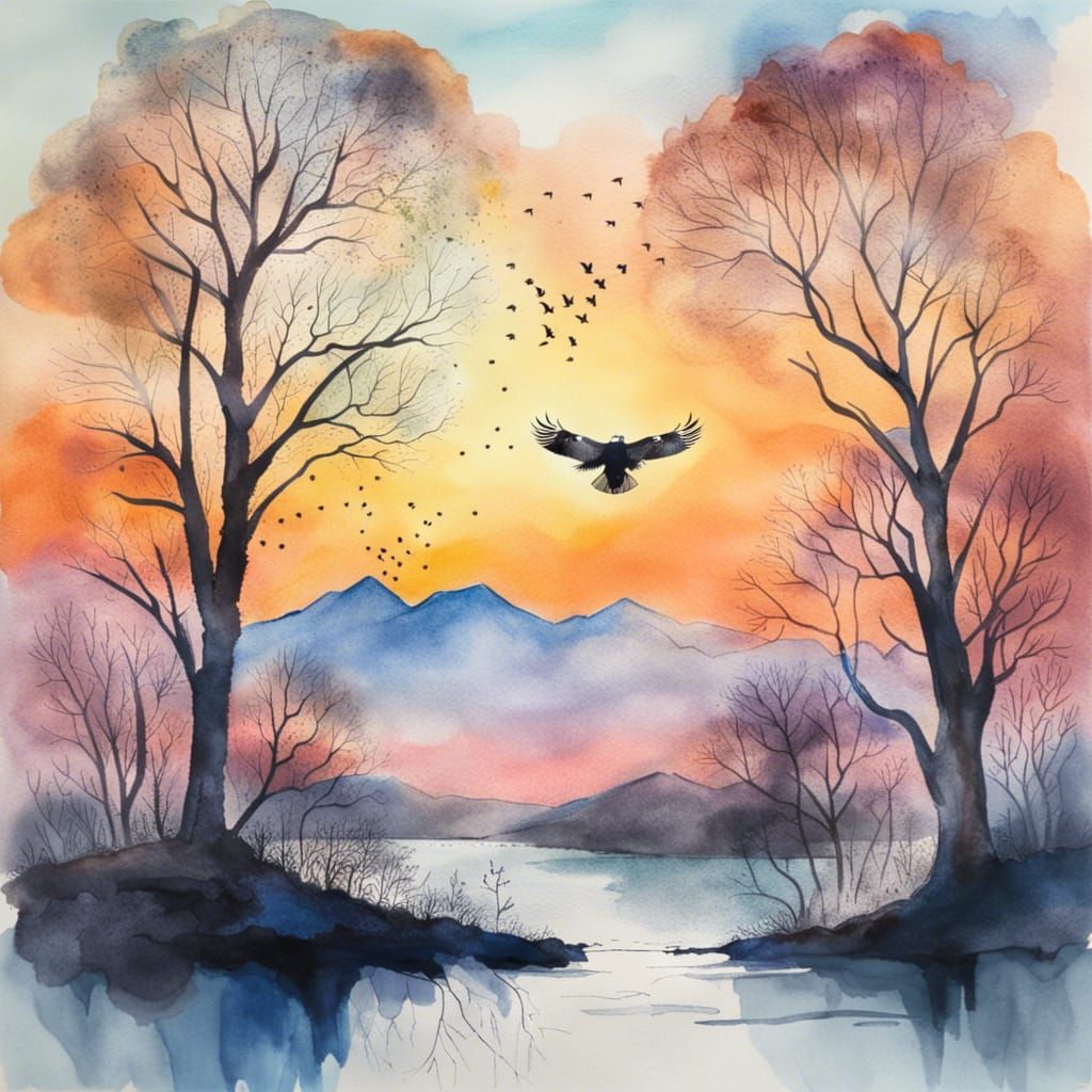 Eagle and Drone Over Forest at Dusk in Watercolours