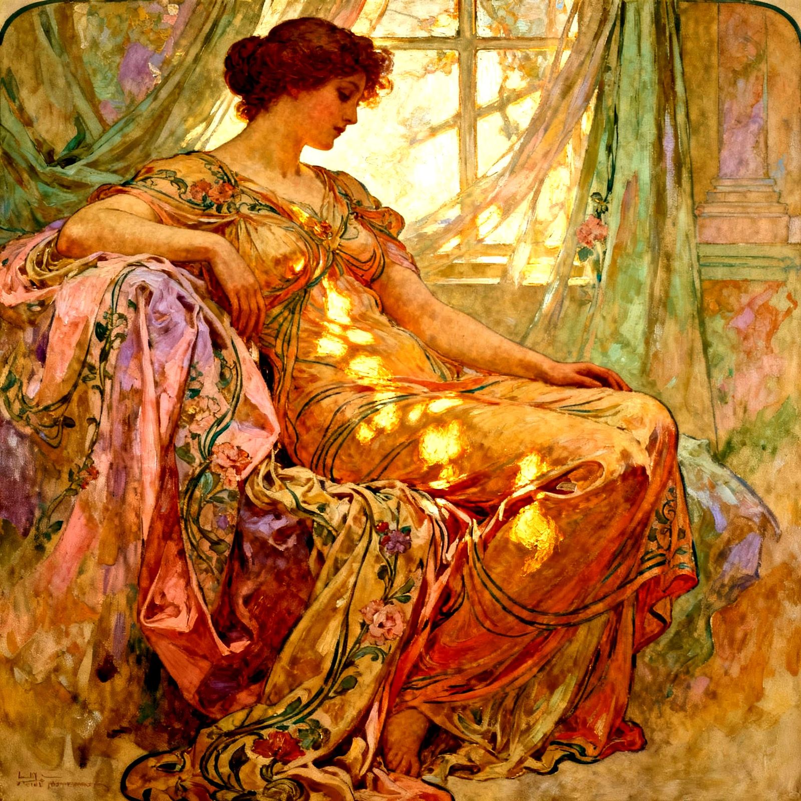 Solitary Woman in Repose, Classical Pose, Art Nouveau Style