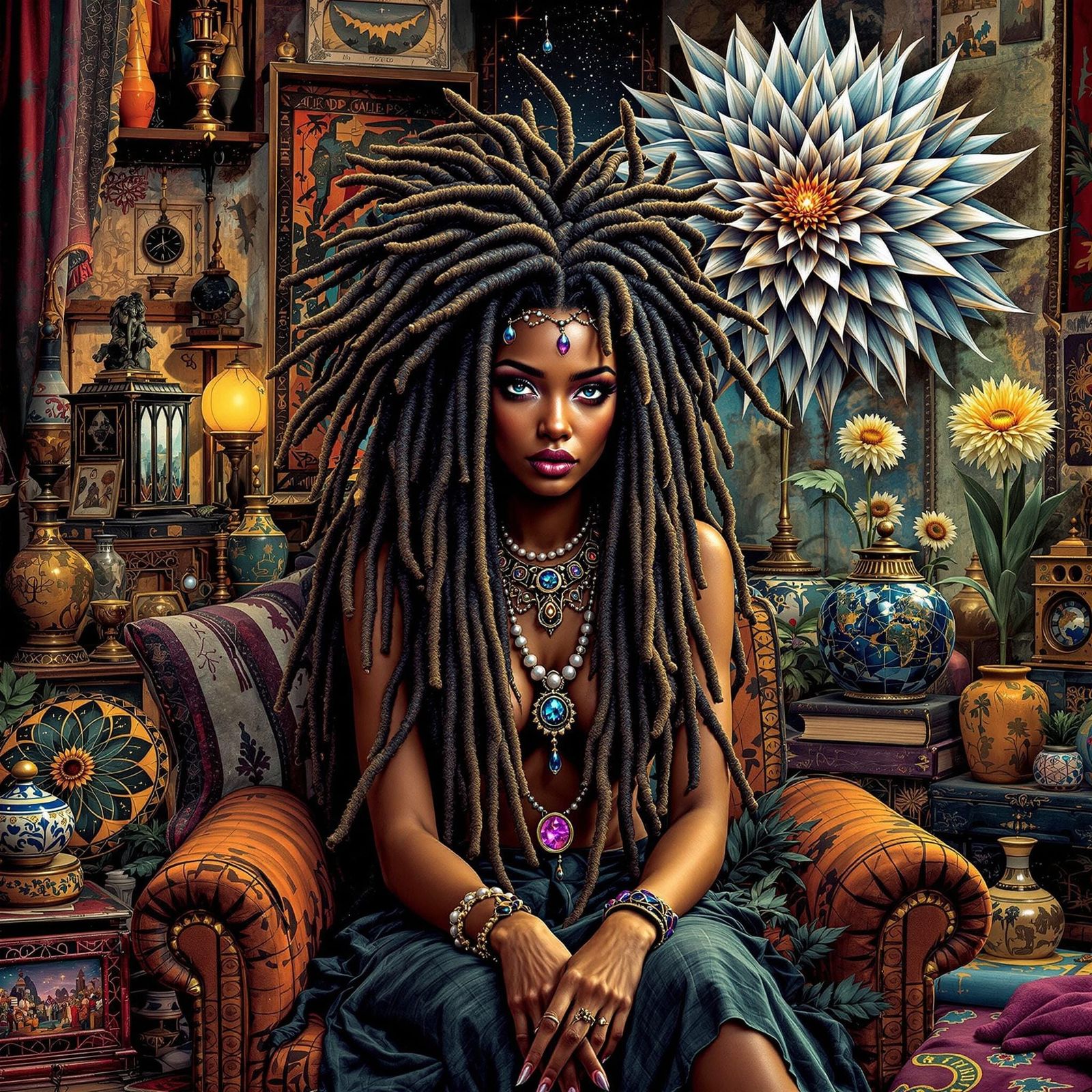 Enchanted Goddess in Vibrant, Dreamlike Home