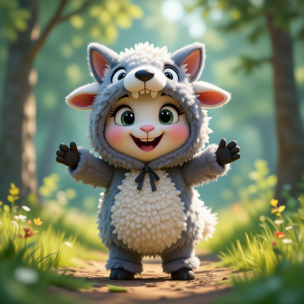 Cute Sheep in Wolf Costume in Forest Clearing