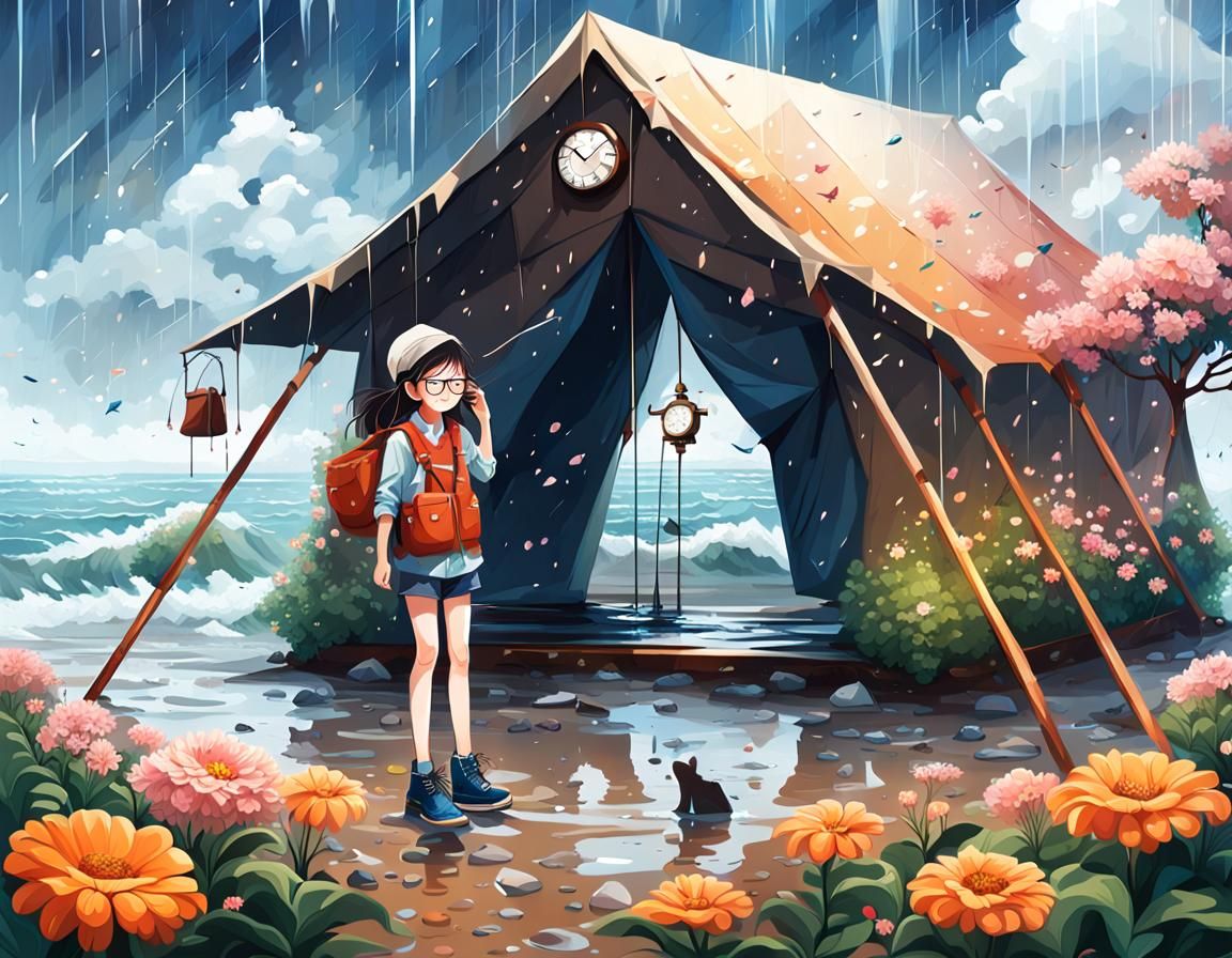 Girl in Rainstorm Near Tent at Low Tide