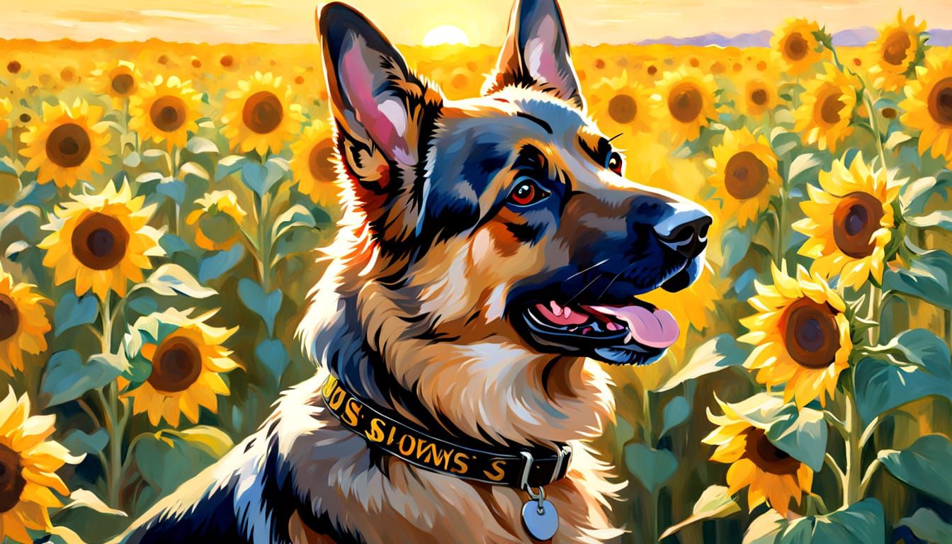 German Shepherd in Sunflower Field, Impressionist Oil Painti...