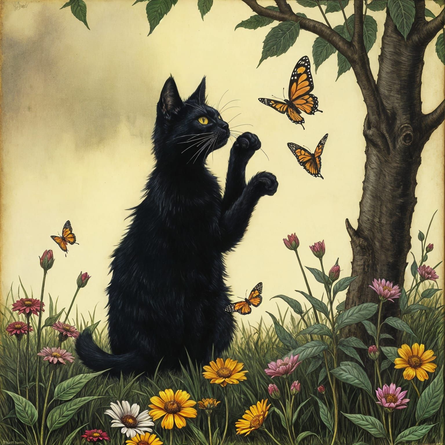 Black Cat Chasing Butterflies in Garden