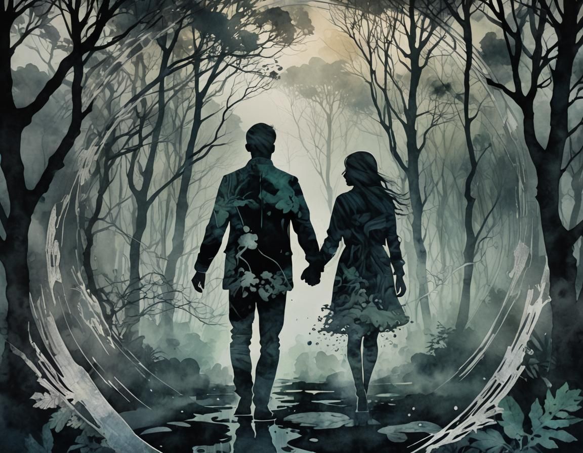 Eerie Forest Double Exposure in Watercolor Style