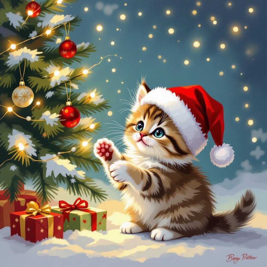 Fluffy Kitten in Santa Hat by Christmas Tree