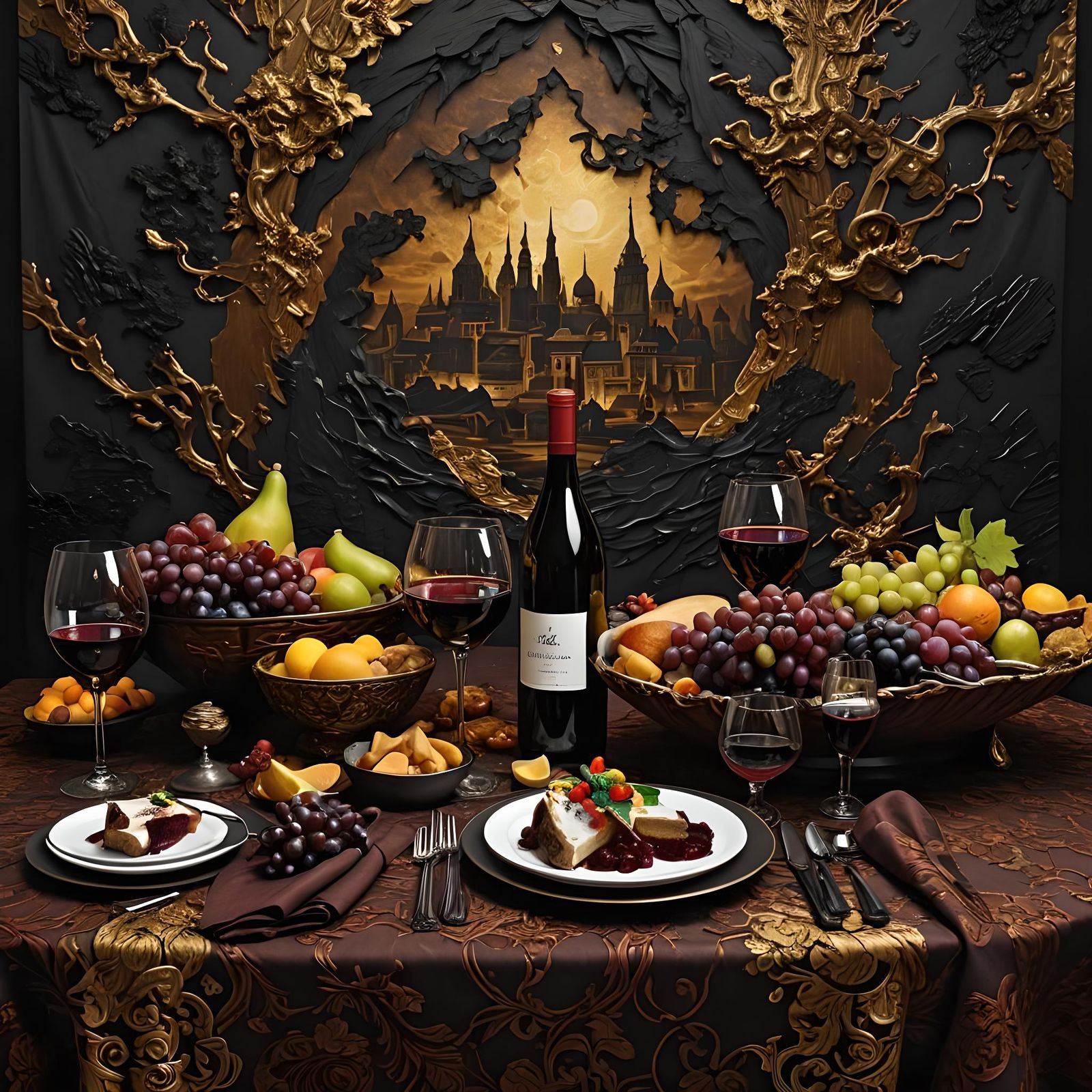 Wine and Food Still Life in Digital Art Style