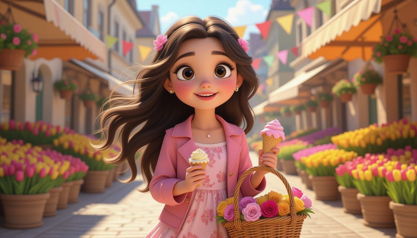 Cute Girl in European Market, Pixar 3D Style