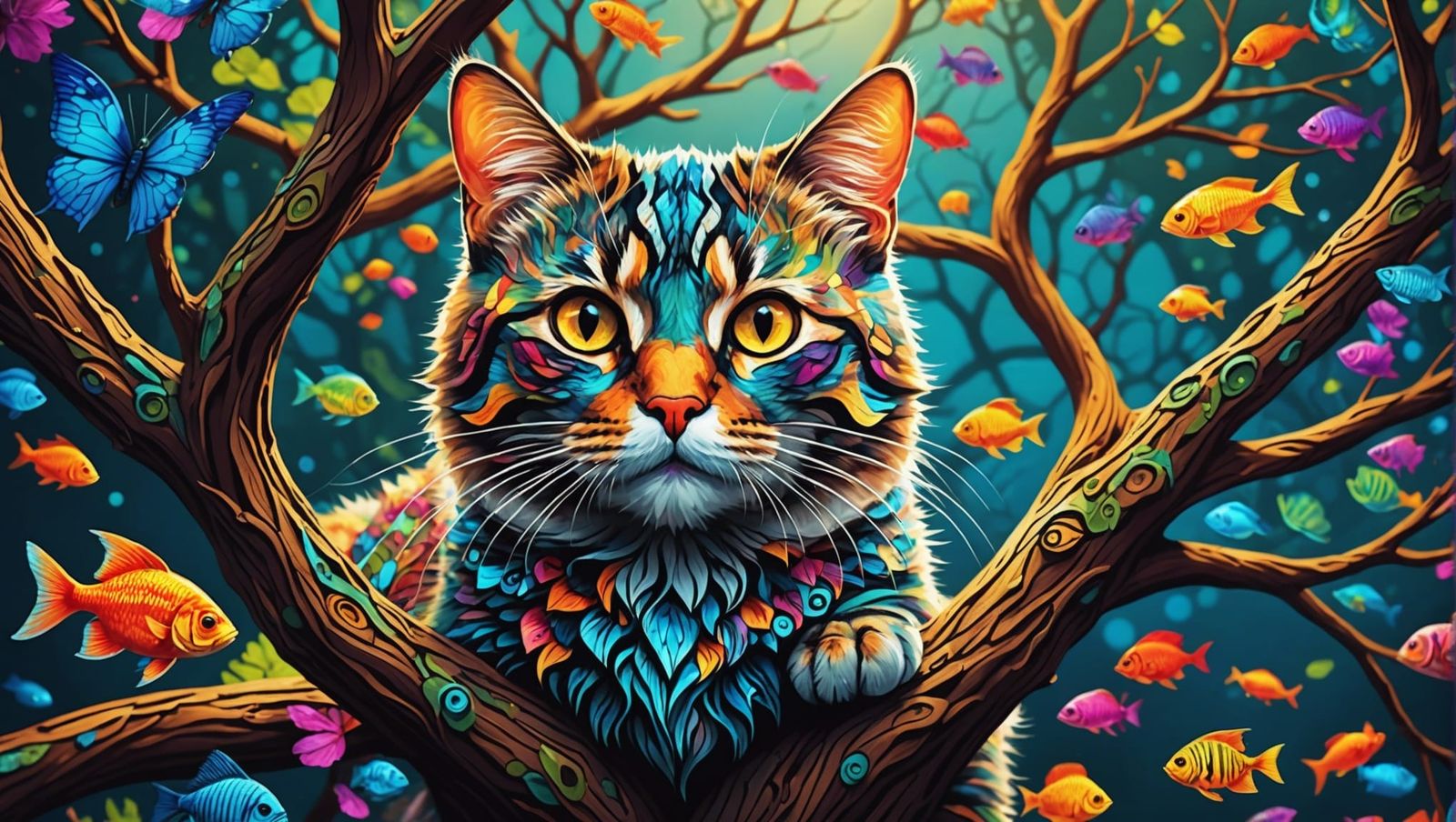 Kaleidoscope Cat in Fish Tree Digital Art