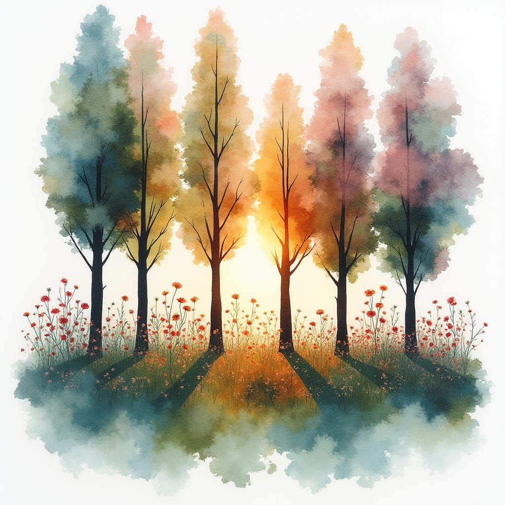 Double Exposure Trees and Garden in Watercolor Style