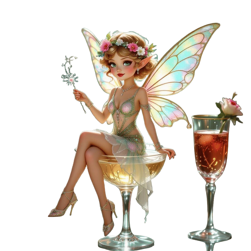 Pixie Stirring Champagne Bubbles in Art Nouveau Style