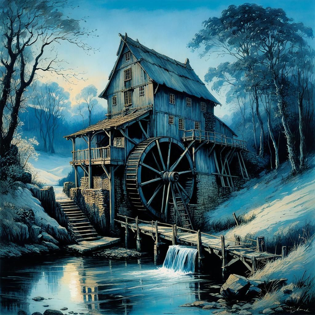 Historic Watermill in Blue Light, Fantasy Illustration
