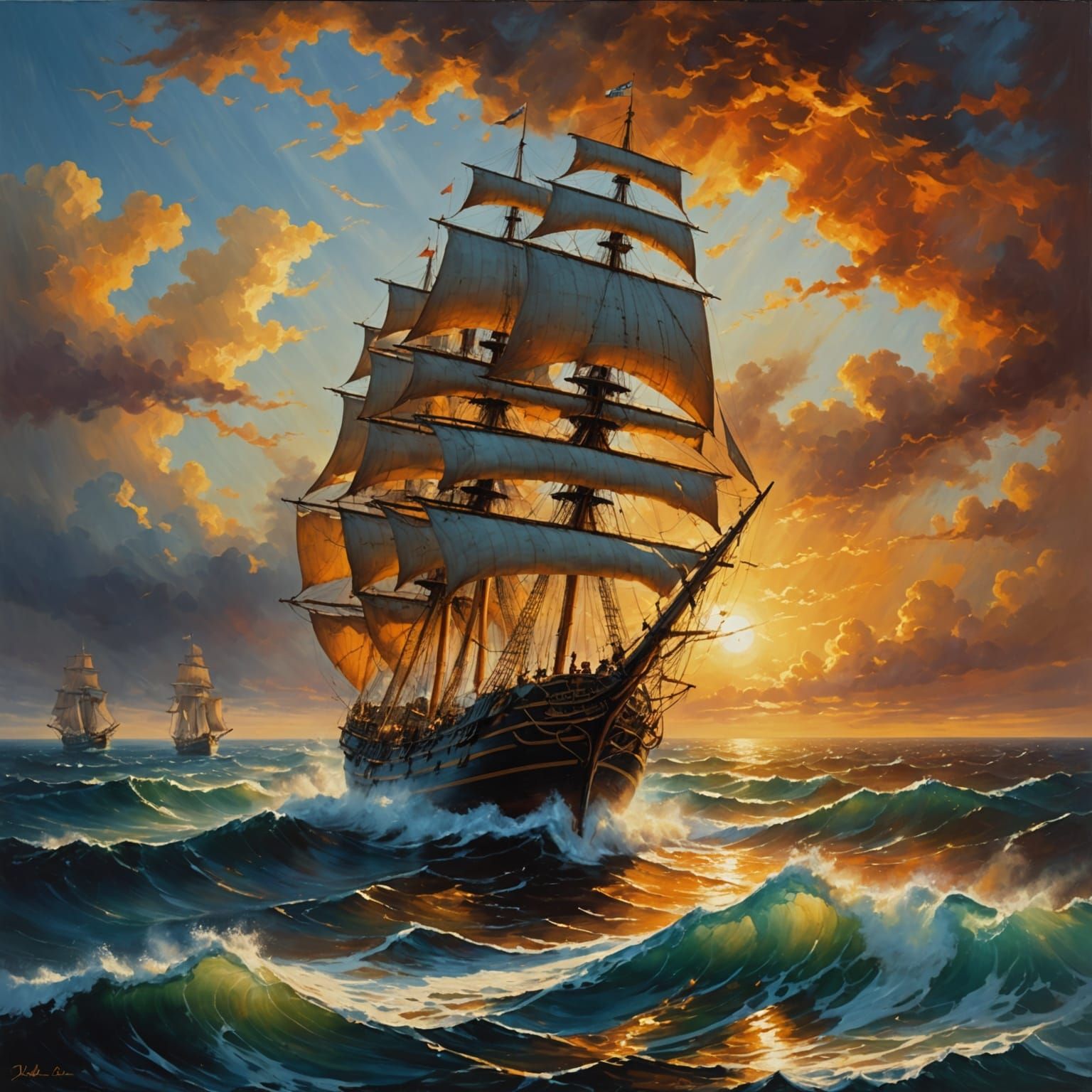 Epic Oil Painting of Wooden Sailing Ship in Turbulent Sea