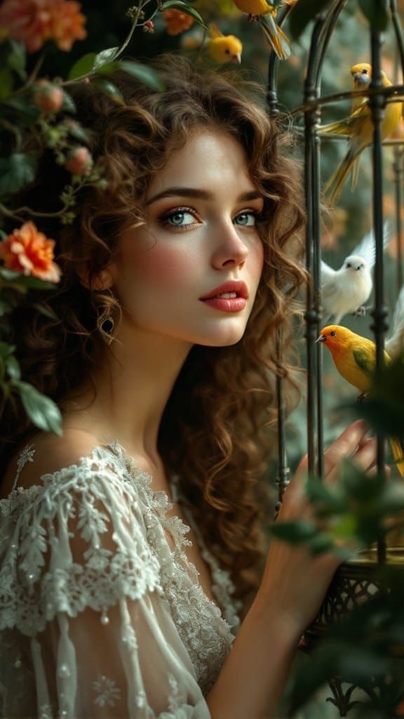 Ethereal Edwardian Lady Releases Tropical Birds in a Dreamli...