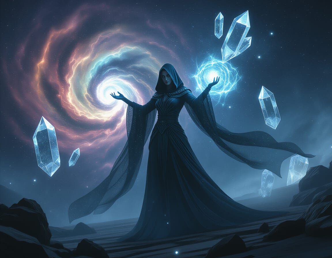 Celestial Sorceress Conjuring Energy Amidst Cosmic Crystals